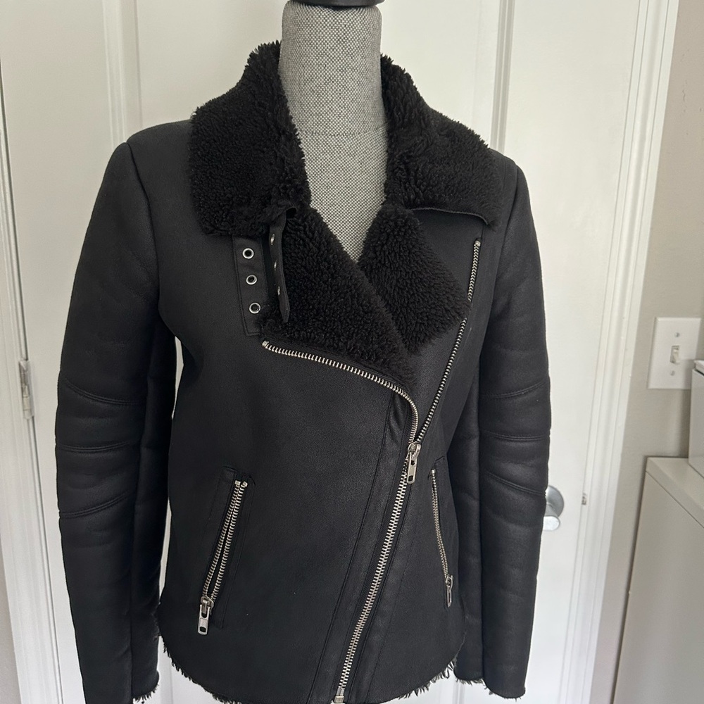 Forever 21  black faux sheepskin motorcycle jacket for women,size S